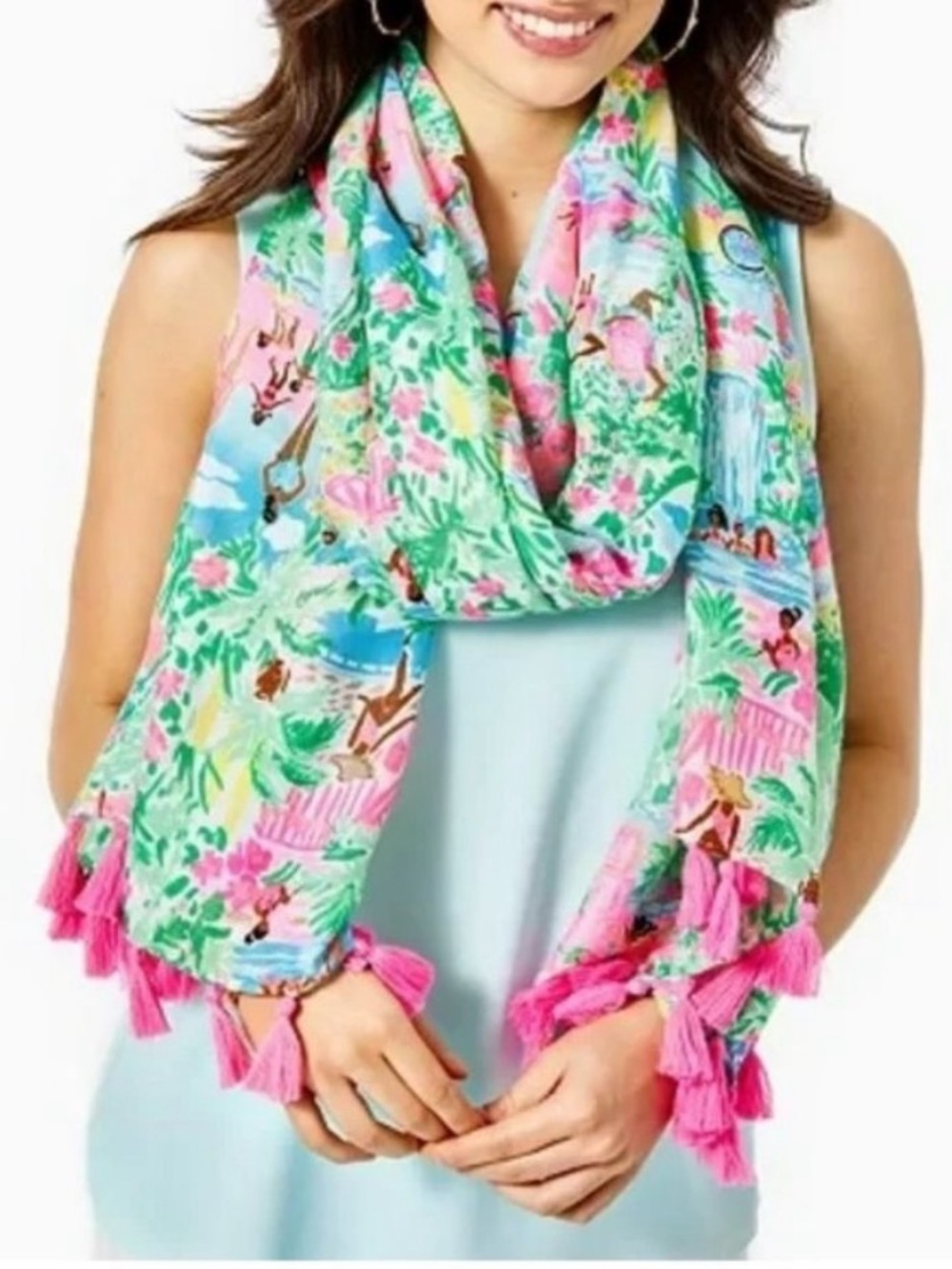 NWOT Lilly Pulitzer Resort Scarf Wrap Let's Get Together Print 30” x 80” tassels